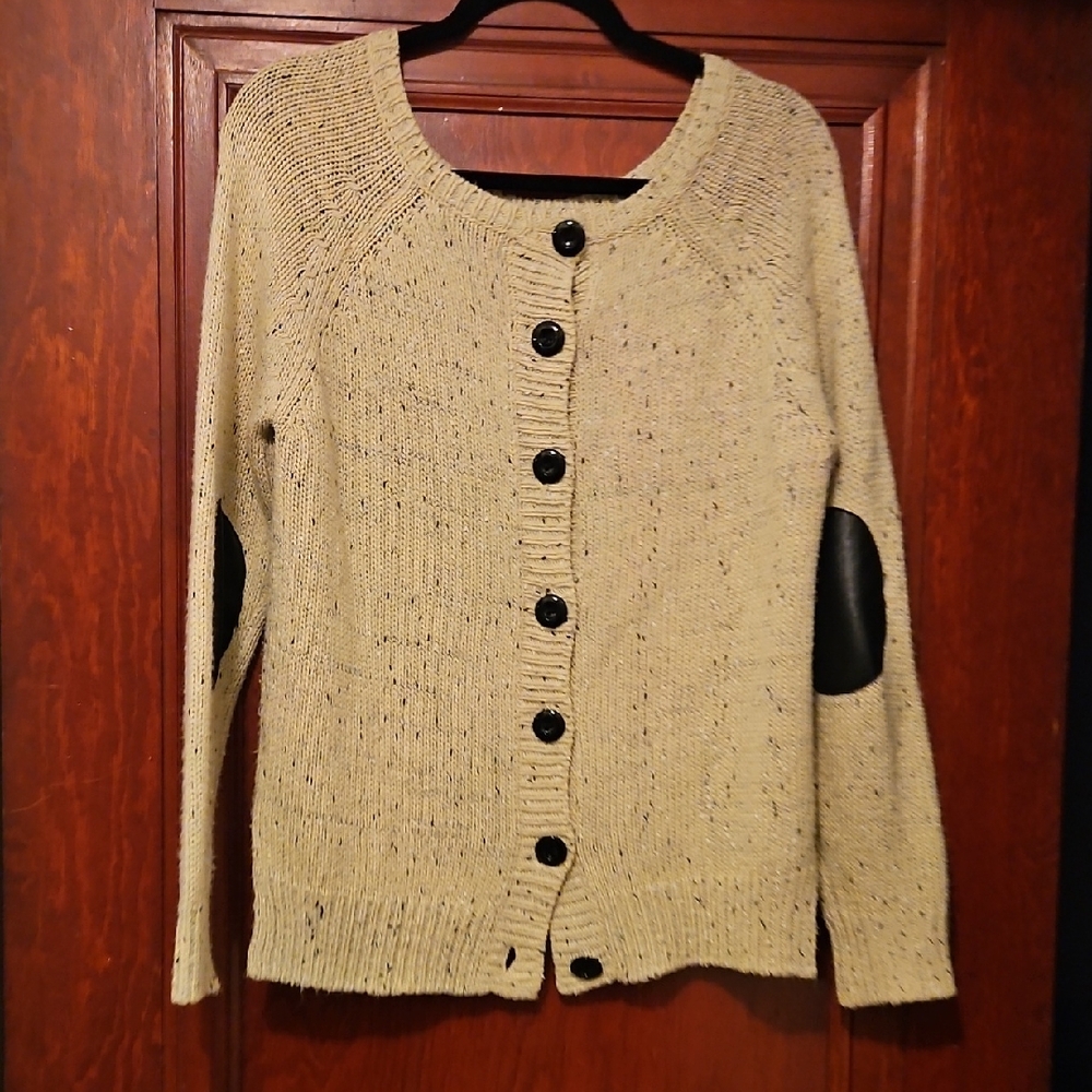 Market & Spruce Cream Cardigan with Black Elbow Patches And Back Button detail
